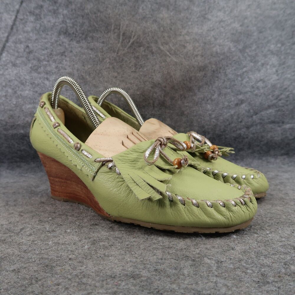 Sam Edelman Shoes Womens 8.5 Moccasin Wedge Fashion Y2k Fringe Leather Green Bow